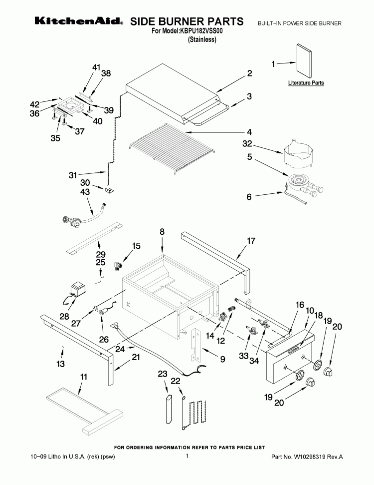 SIDE BURNER PARTS Diagram and Parts List for KBPU182VSS00  Whirlpool Wall Oven