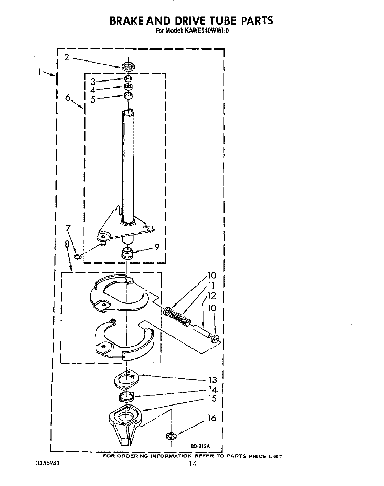 BRAKE AND DRIVE TUBE Diagram and Parts List for KAWE540WAL0  KitchenAid Washer