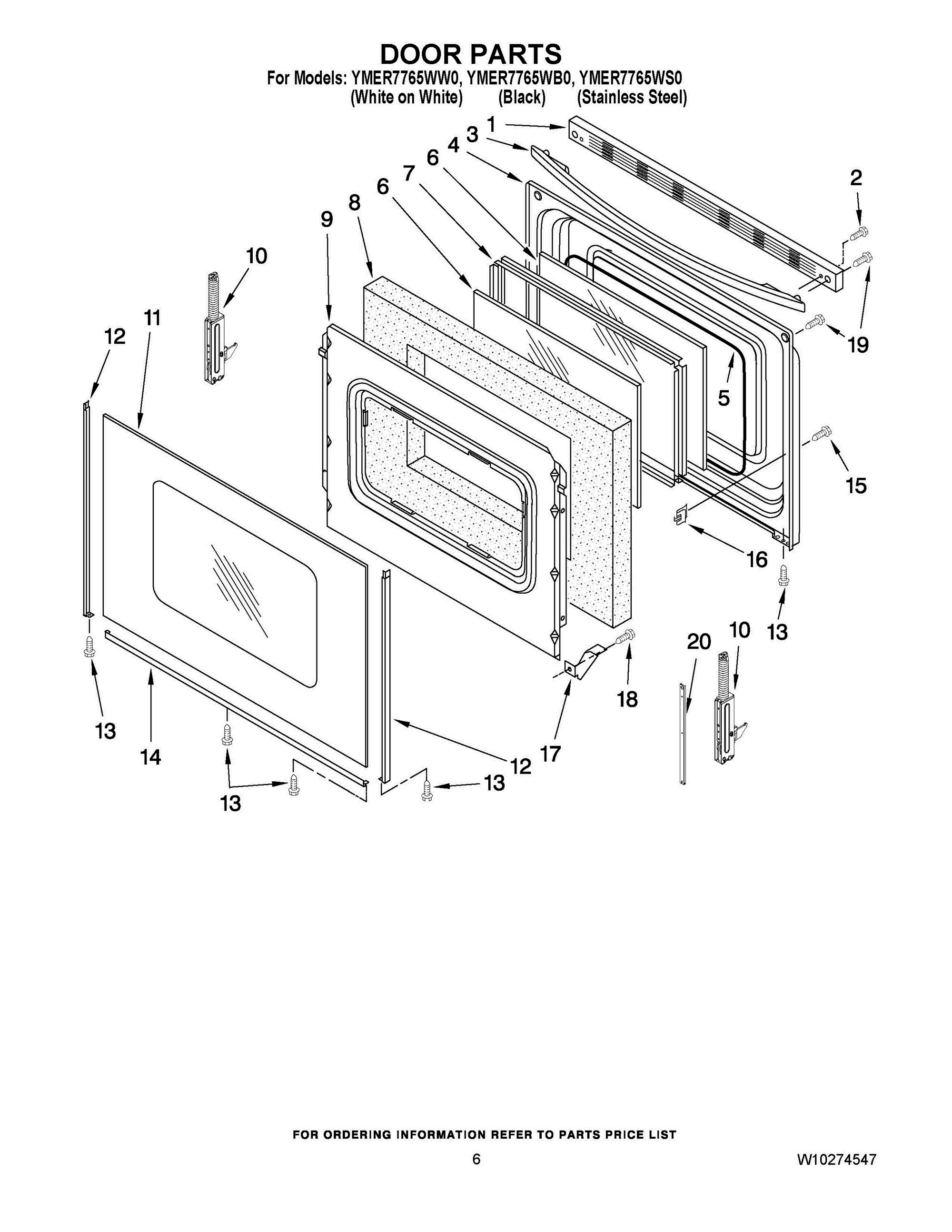 05 - DOOR PARTS Diagram and Parts List for YMER7765WS0  Whirlpool Range