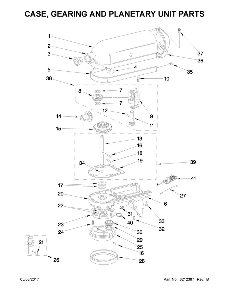 Case, Gearing And Planetary Unit Parts Diagram and Parts List for 5K45SSBOB4  KitchenAid Mixer