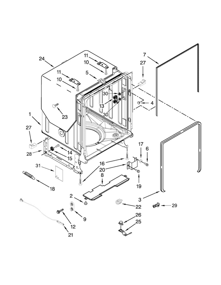 Tub And Frame Parts Diagram and Parts List for KUDE20FBWH1  KitchenAid Dishwasher