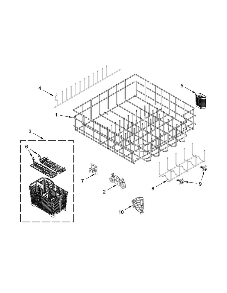 Lower Rack Parts Diagram and Parts List for KDTM354DSS1  KitchenAid Dishwasher