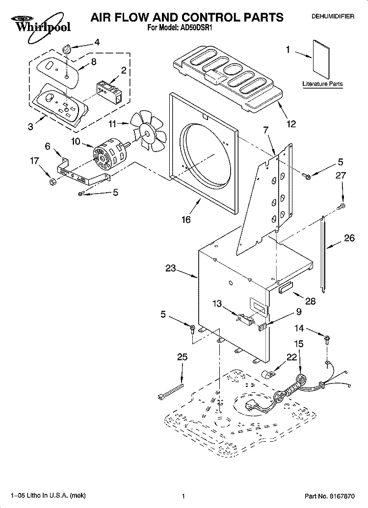AIR FLOW AND CONTROL PARTS Diagram and Parts List for AD50DSR1  Whirlpool Dehumidifier