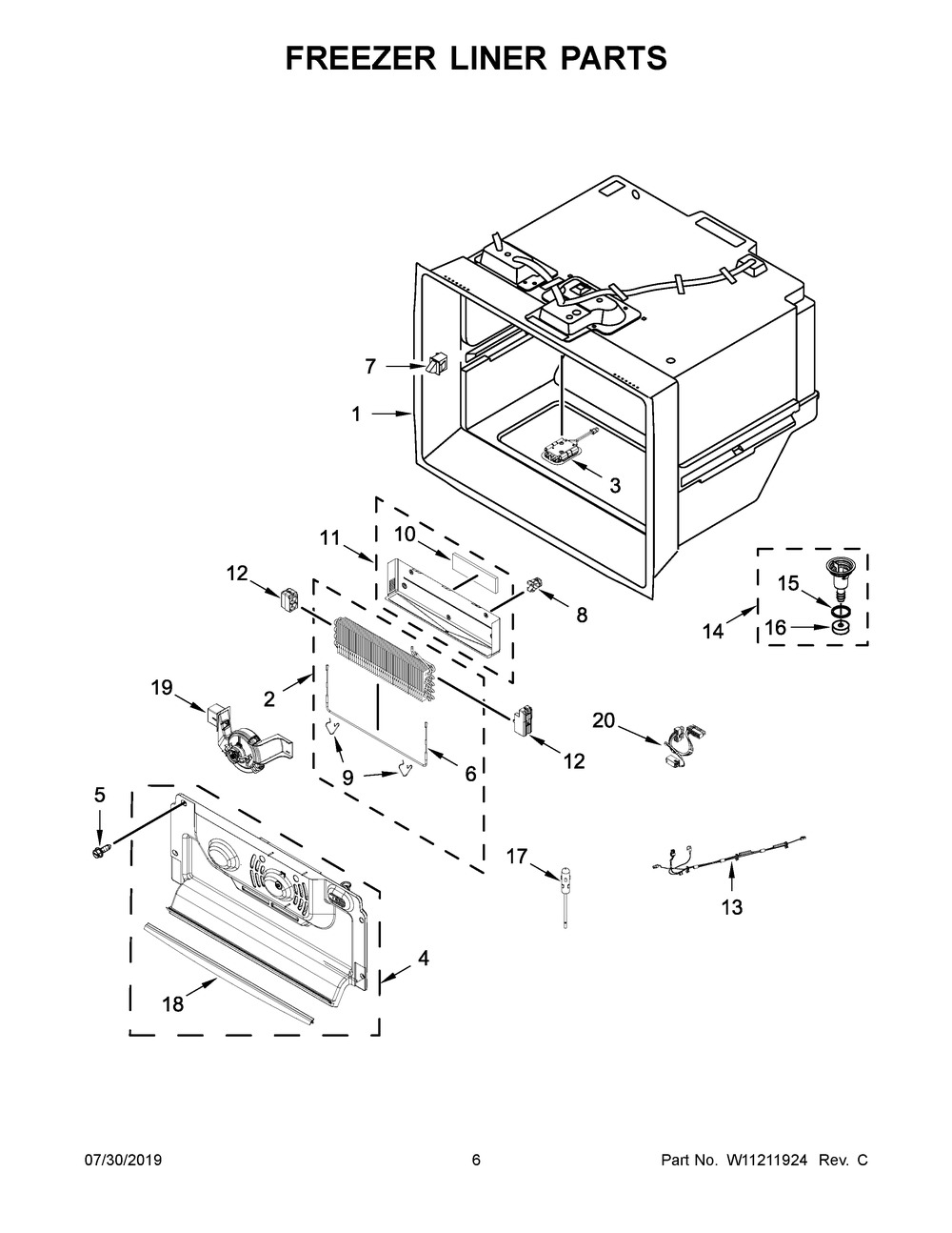 Freezer Liner Parts Diagram and Parts List for KRFC604FSS01  Whirlpool Refrigerator