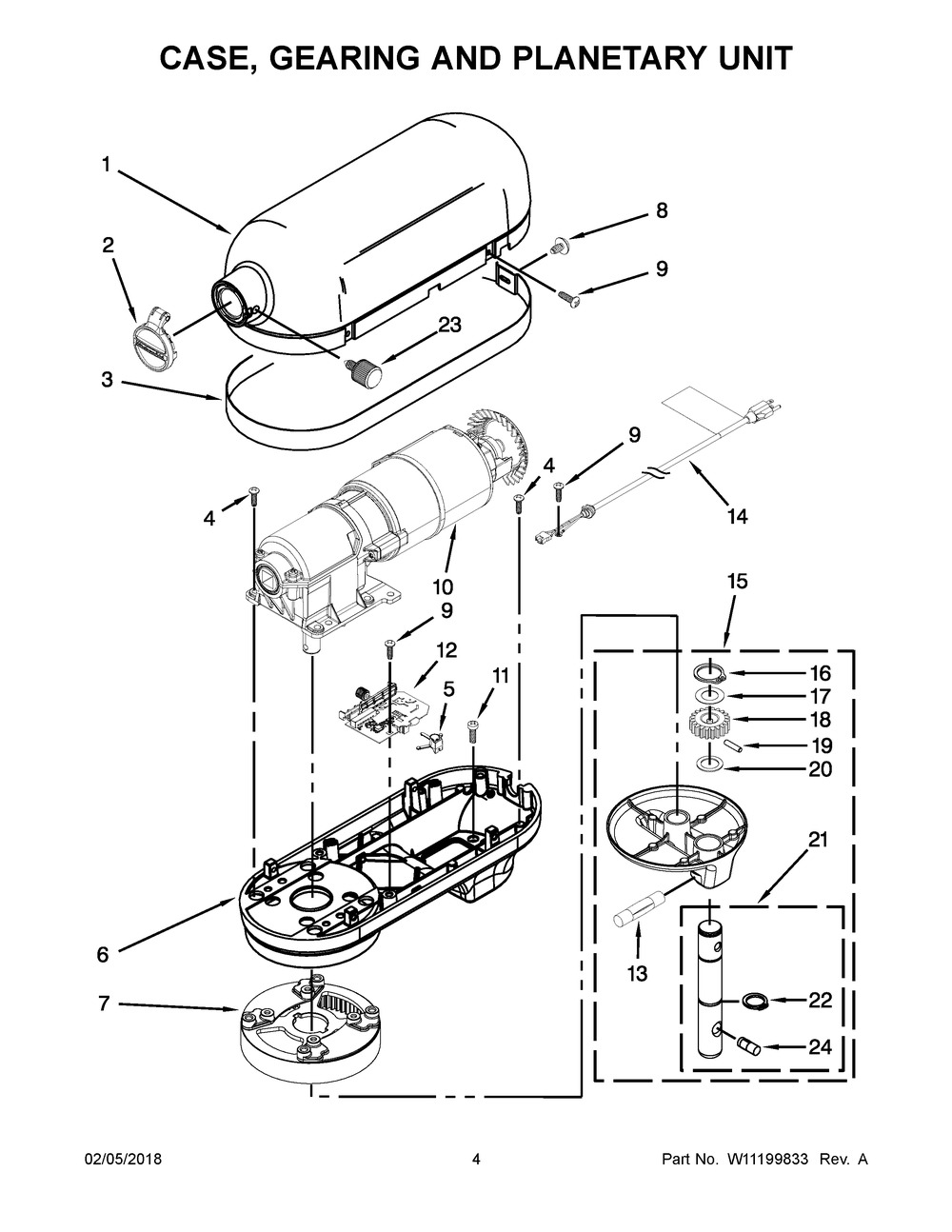 Case, Gearing And Planetary Unit Diagram and Parts List for KSM7586PBK0  Whirlpool Mixer