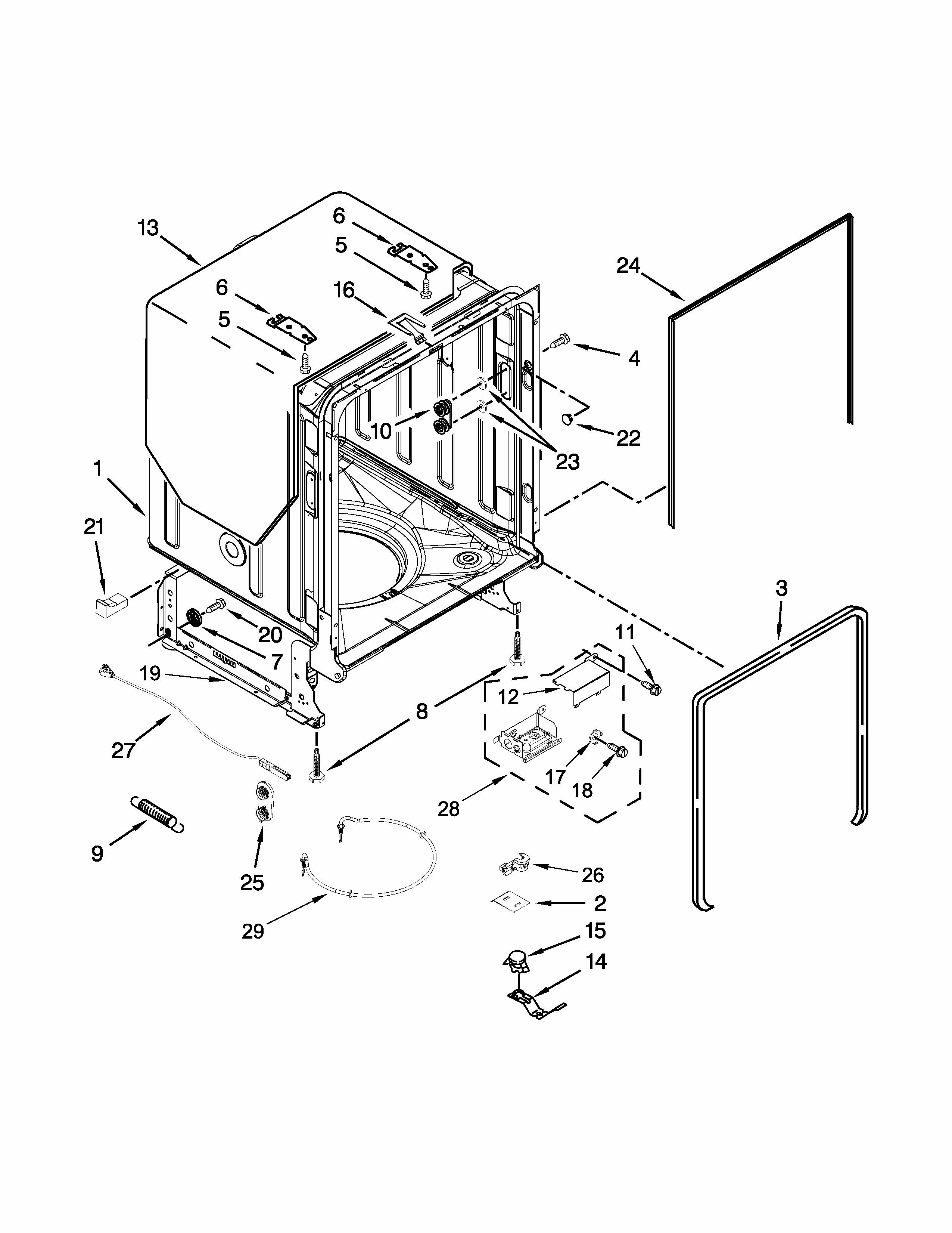 Tub And Frame Parts Diagram and Parts List for 66513403N412  Kenmore Dishwasher