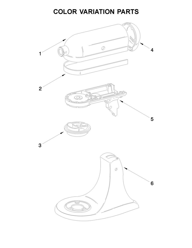 Color Variation Parts Diagram and Parts List for 5K45SSEOB4  KitchenAid Mixer