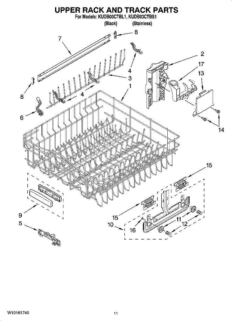 UPPER RACK AND TRACK PARTS Diagram and Parts List for KUDB03CTBL1  KitchenAid Dishwasher