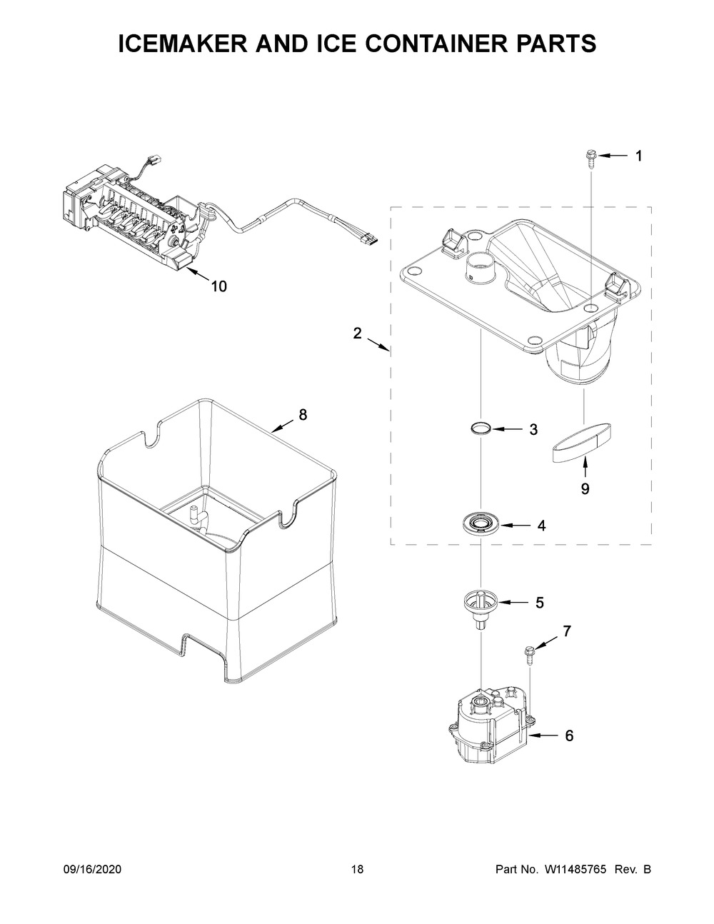 Icemaker And Ice Container Parts Diagram and Parts List for KRFF507HBS02  Whirlpool Refrigerator