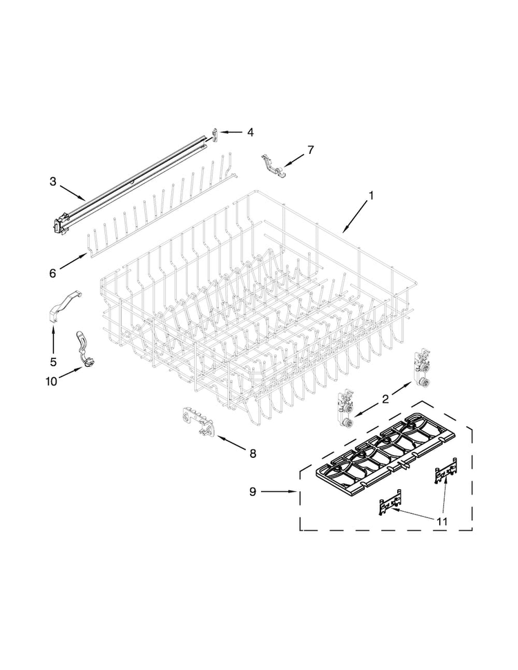 Upper Rack And Track Parts Diagram and Parts List for WDF730PAYW6  Whirlpool Dishwasher