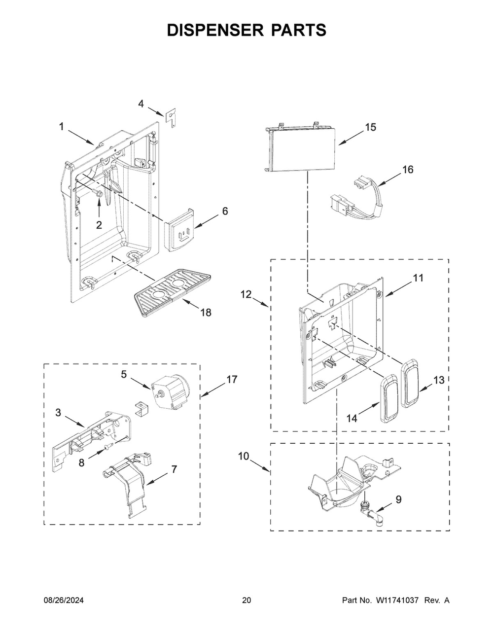 11 - Dispenser Parts Diagram and Parts List for KBSD706MPS01  Whirlpool Refrigerator