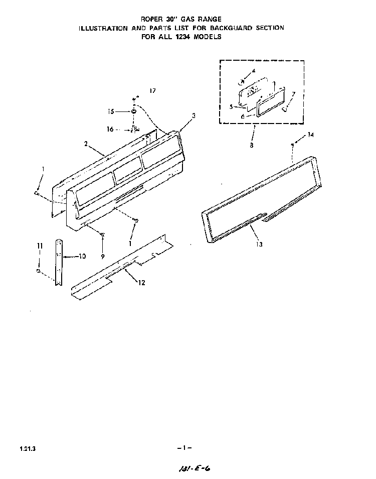 Backguard Diagram and Parts List for 1234*0A  Roper Range