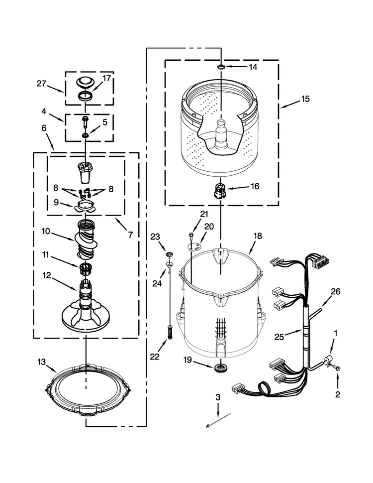 Basket And Tub Parts Diagram and Parts List for 11020102312  Kenmore Washer