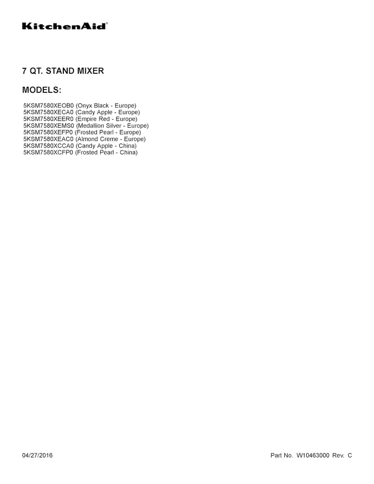 Cover Sheet Diagram and Parts List for 5KSM7580XCCA0  KitchenAid Mixer