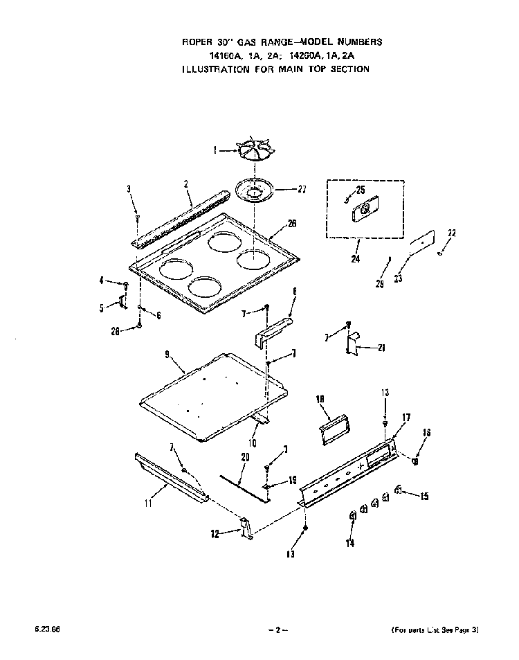 Main Top Diagram and Parts List for 1416*0A  Roper Range
