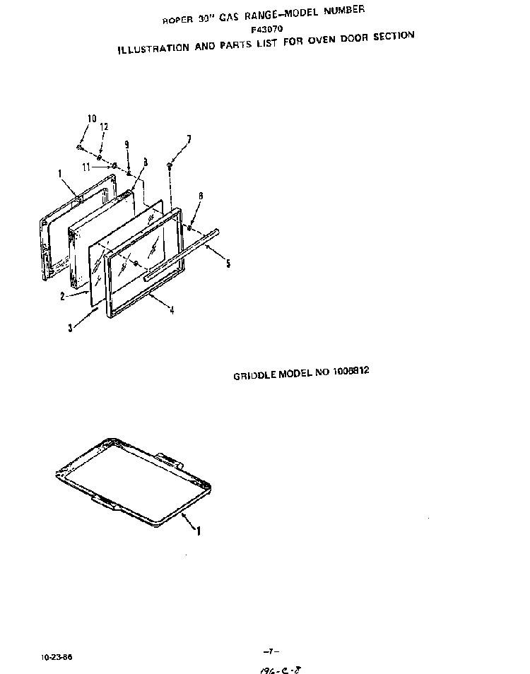 Oven Door Diagram and Parts List for F4307*0  Roper Range