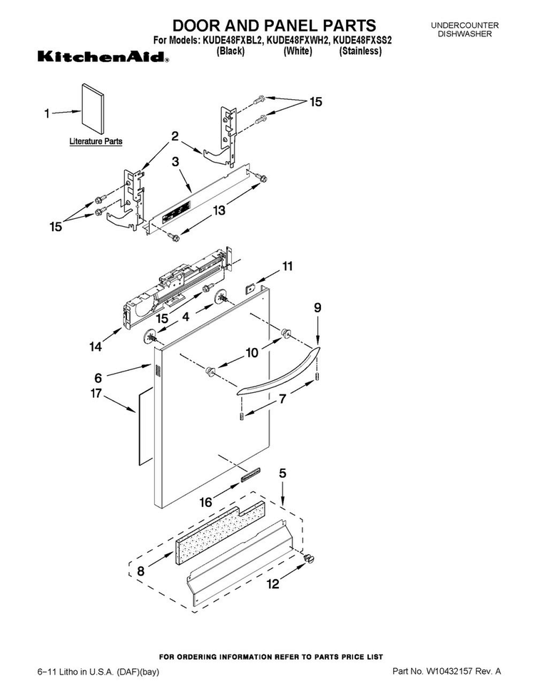 Door And Panel Parts Diagram and Parts List for KUDE48FXBL2  KitchenAid Dishwasher