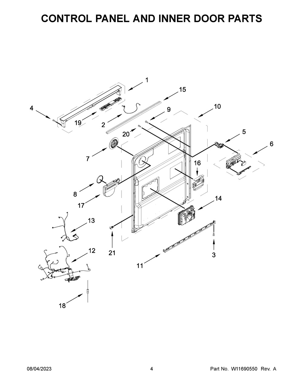 Control Panel And Inner Door Parts Diagram and Parts List for WDTA80SAKZ2  Whirlpool Dishwasher