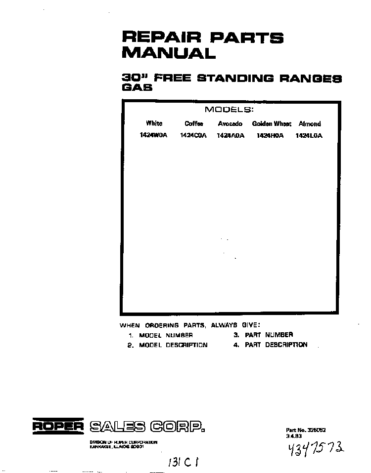 Cover Page-text Only Diagram and Parts List for 1424*0A  Roper Range