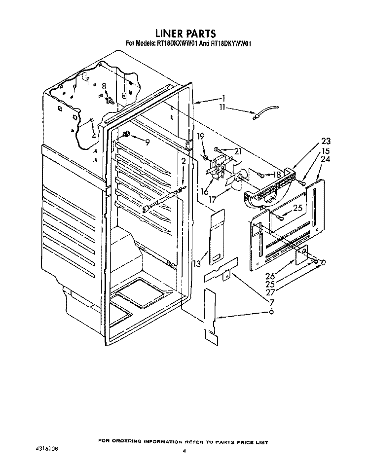 LINER Diagram and Parts List for RT18DKYWW01  Roper Refrigerator