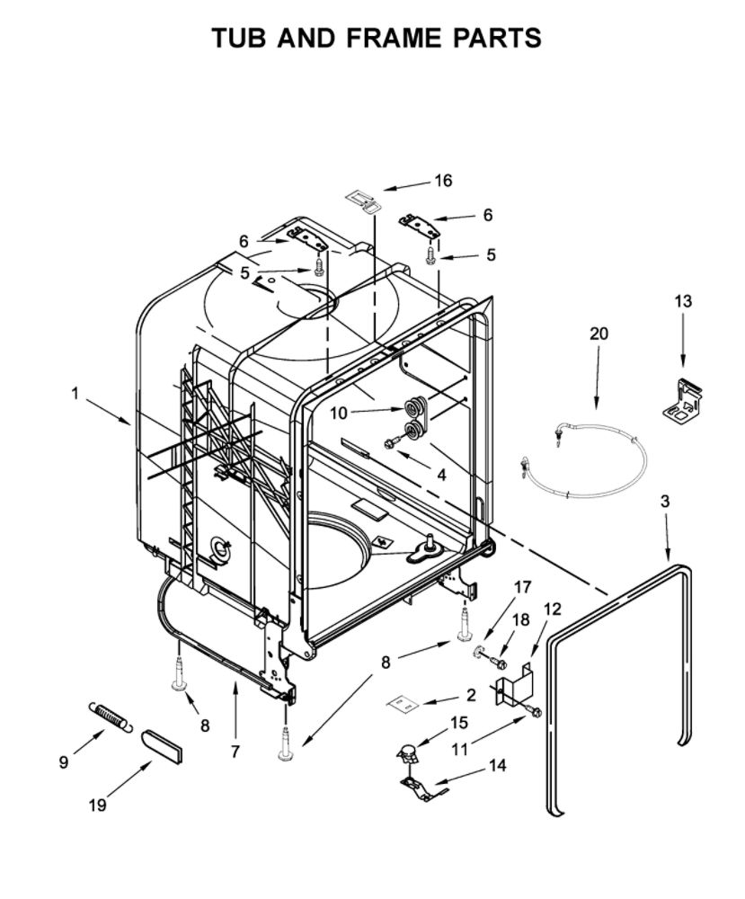 Tub And Frame Parts Diagram and Parts List for WDF130PAHS0  Whirlpool Dishwasher