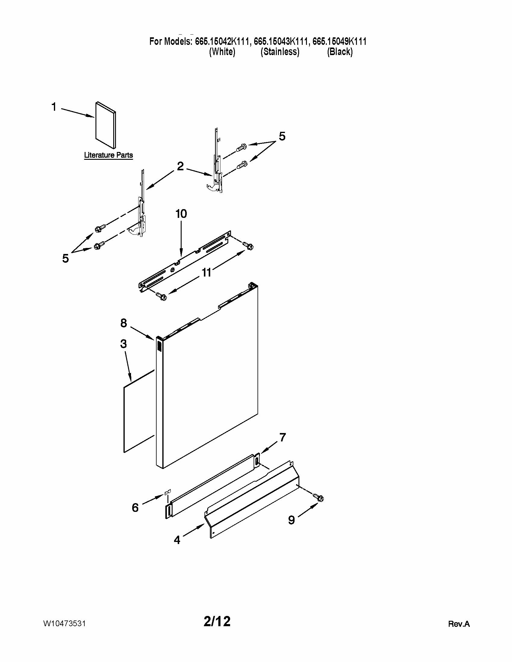 Door And Panel Parts Diagram and Parts List for 66515049K111  Kenmore Dishwasher