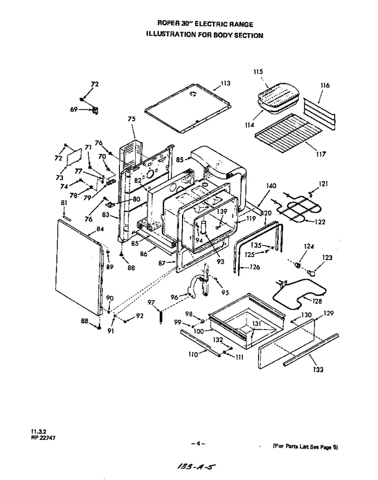 Body Diagram and Parts List for 2323*0A  Roper Range