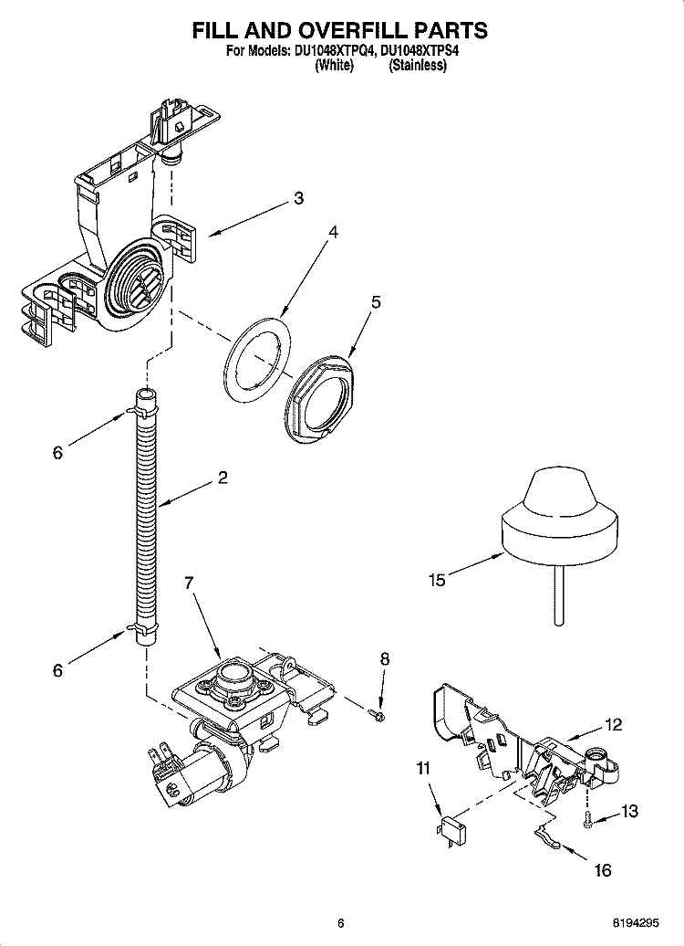 FILL AND OVERFILL PARTS Diagram and Parts List for DU1048XTPS4  Whirlpool Dishwasher