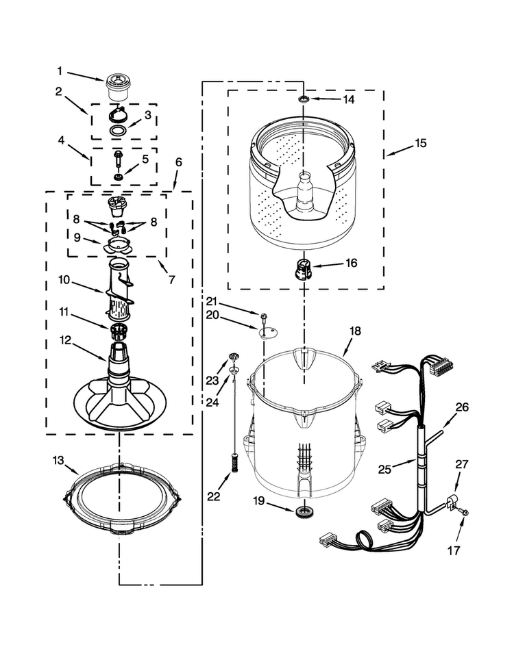 Basket And Tub Parts Diagram and Parts List for 7MWTW1701DQ1  Whirlpool Washer