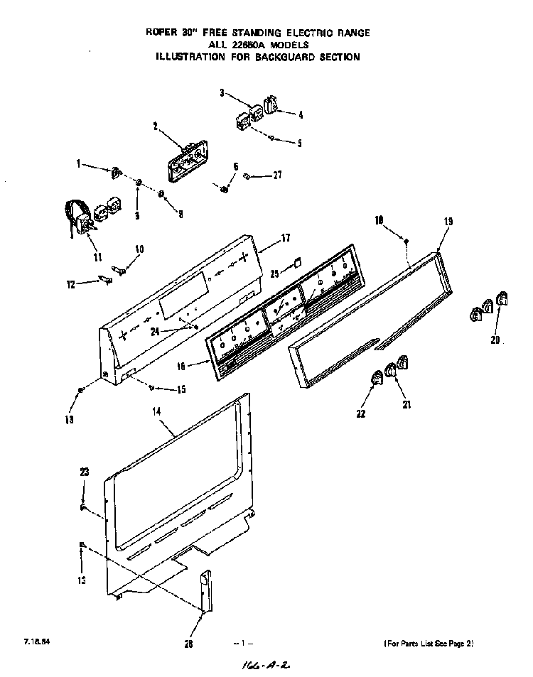 Backguard Diagram and Parts List for 2265*0A  Roper Range