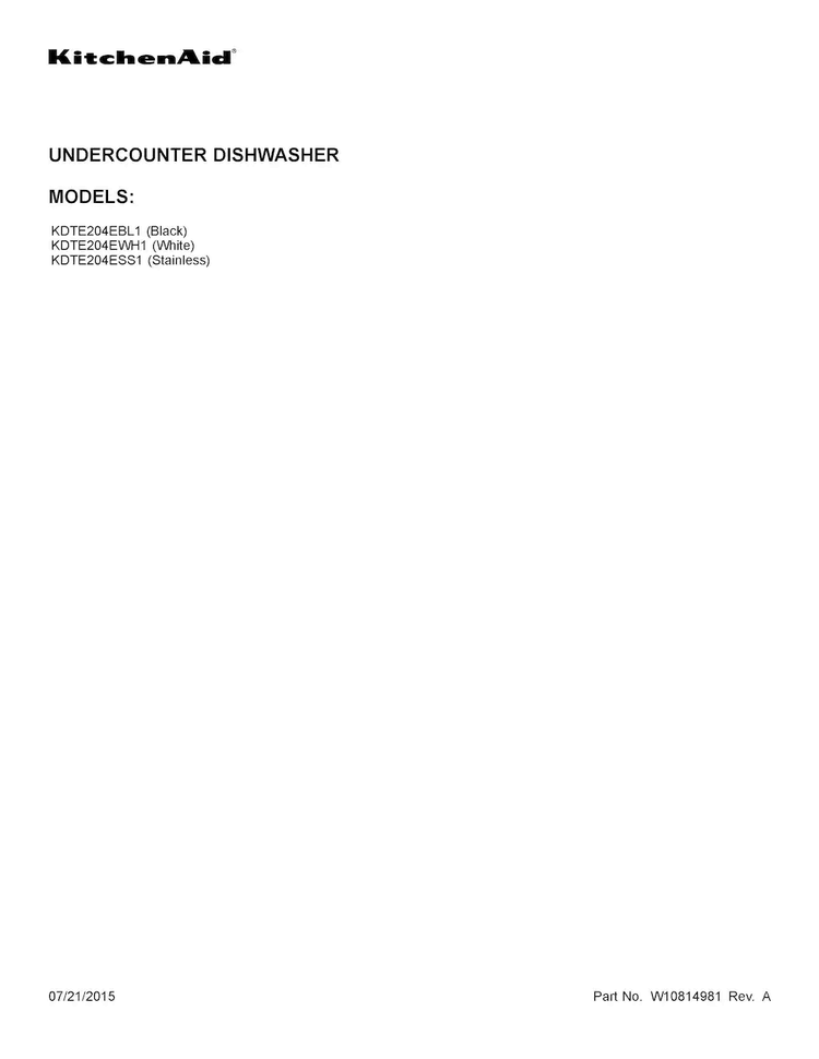 Cover Sheet Diagram and Parts List for KDTE204ESS1  KitchenAid Dishwasher