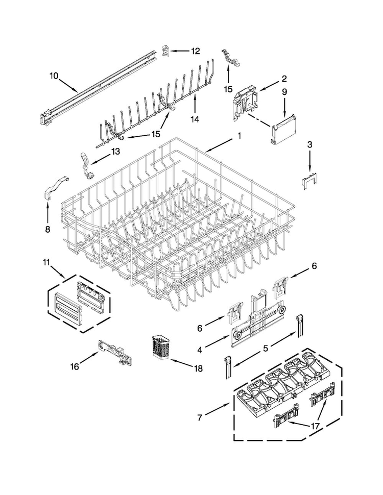 Upper Rack And Track Parts Diagram and Parts List for KUDS30FXWHA  KitchenAid Dishwasher