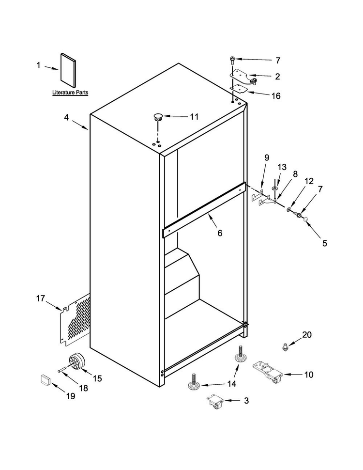 Cabinet Parts Diagram and Parts List for 5WT519SFEW00  Whirlpool Refrigerator
