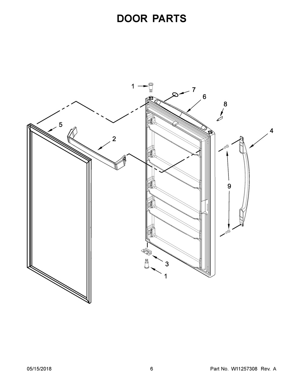 Door Parts Diagram and Parts List for WZF57R16FW04  Whirlpool Freezer