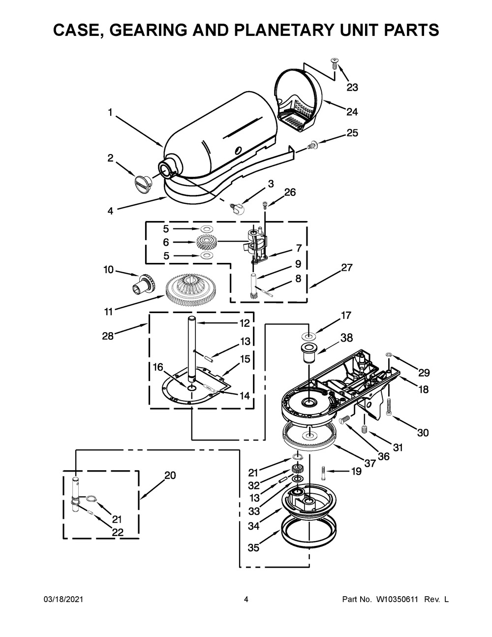 Case, Gearing And Planetary Unit Parts Diagram and Parts List for KSM155GBSN0  Whirlpool Mixer