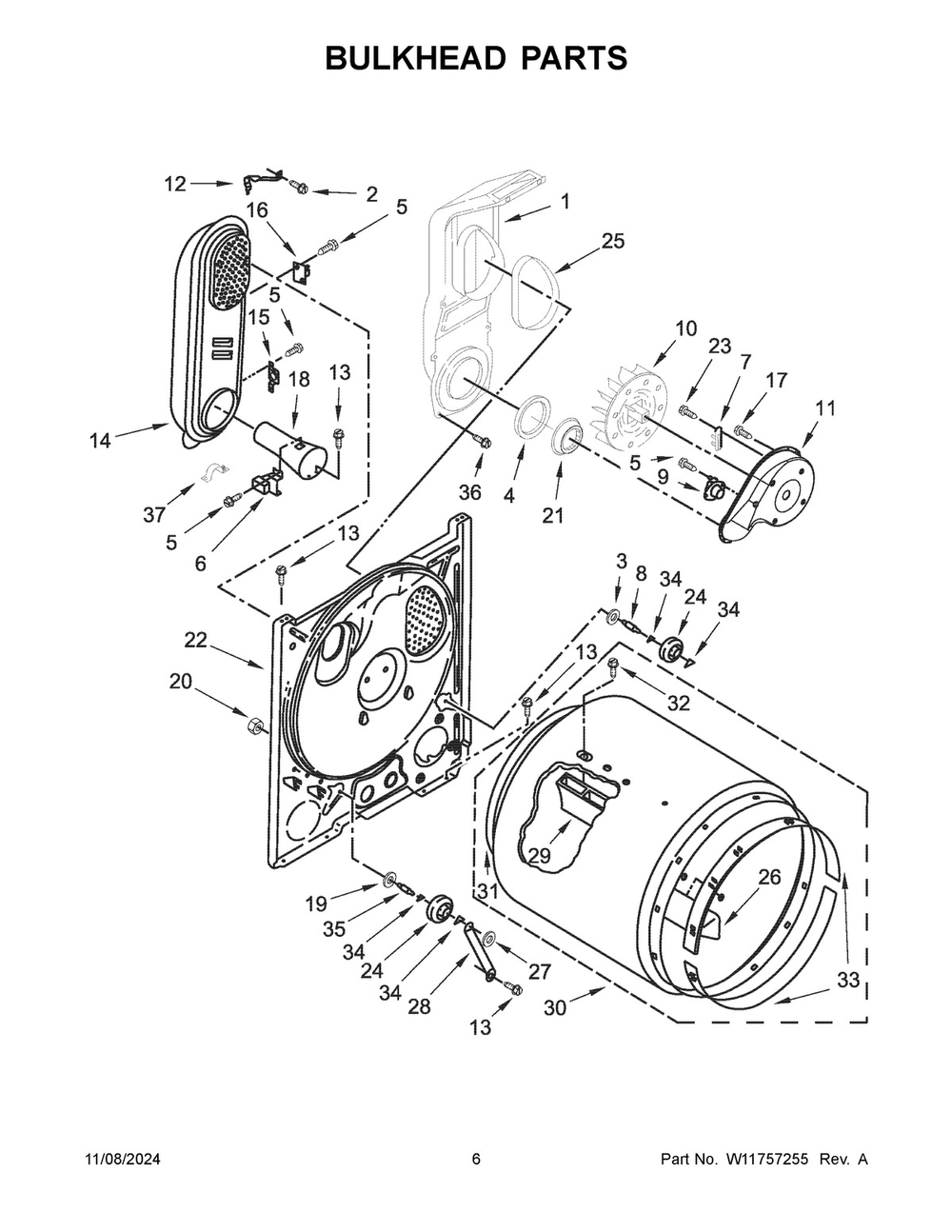 04 - Bulkhead Parts Diagram and Parts List for VDGW6511RW0  Whirlpool Dryer