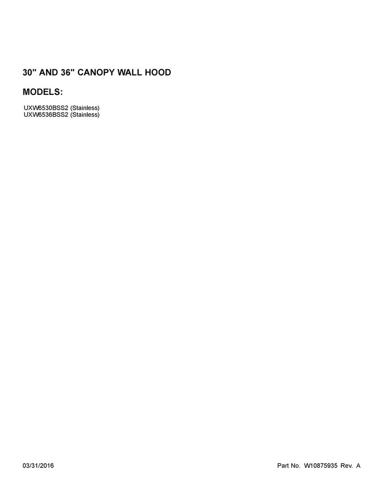 Cover Sheet Diagram and Parts List for UXW6536BSS2  Whirlpool Range Hood