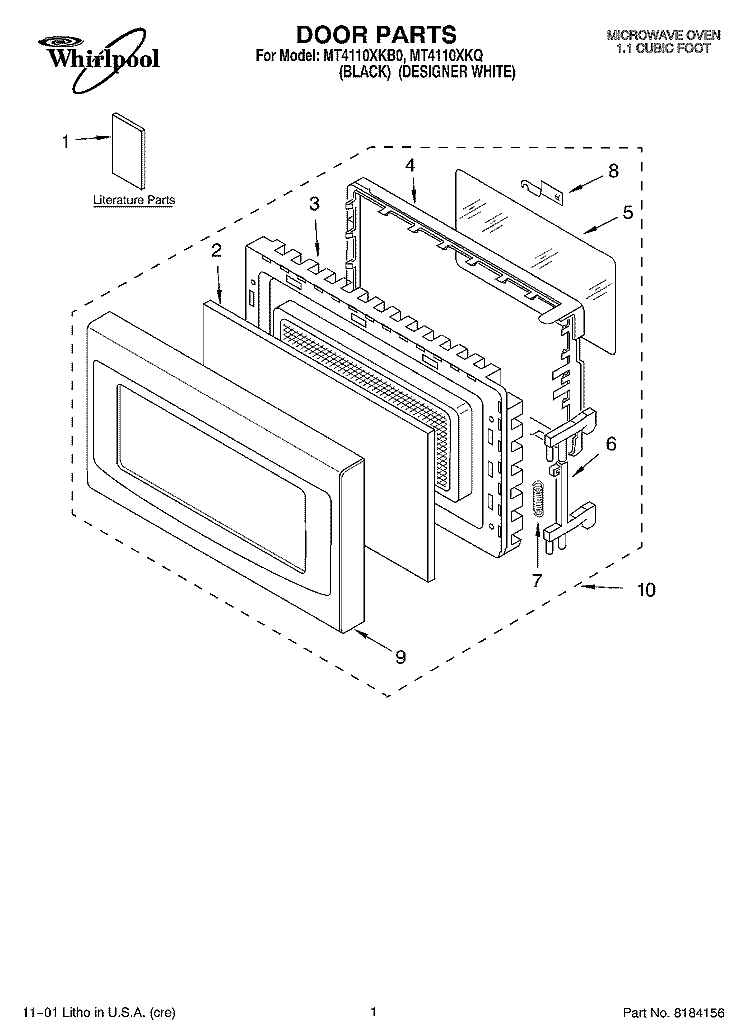 DOOR, LITERATURE Diagram and Parts List for MT4110XKQ0  Whirlpool Microwave