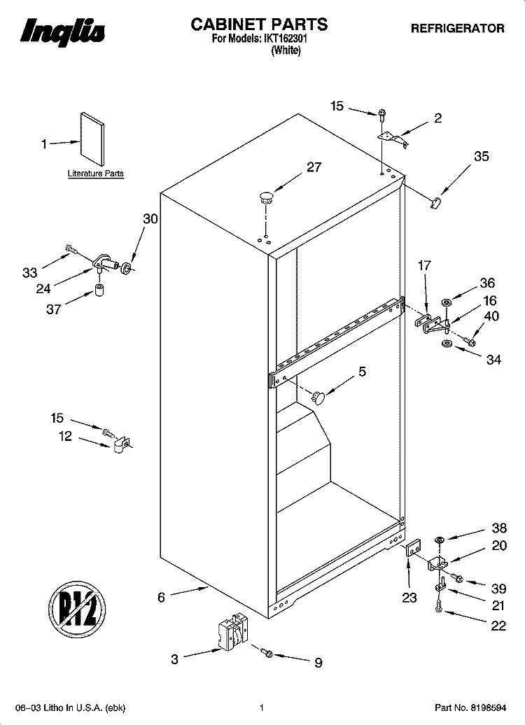 CABINET PARTS Diagram and Parts List for IKT162301  Inglis Refrigerator
