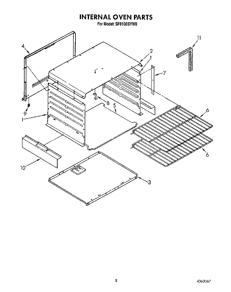 INTERNAL OVEN Diagram and Parts List for SF0100SYN0  Whirlpool Range