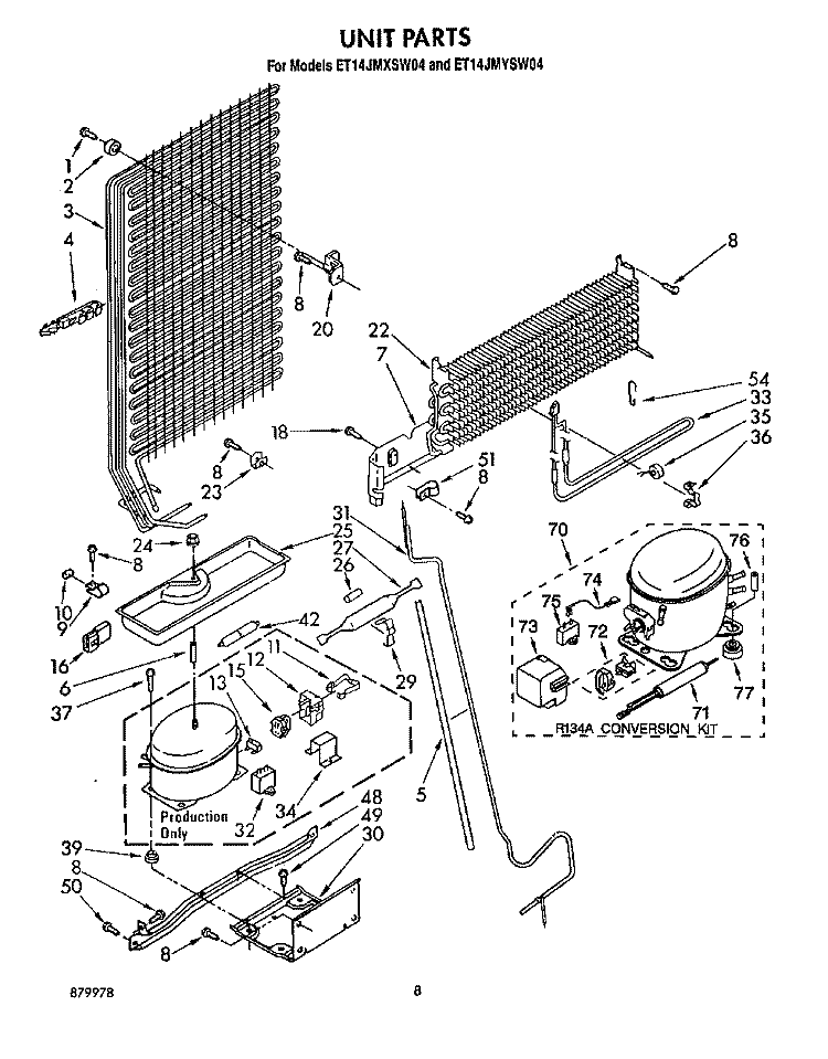 UNIT Diagram and Parts List for ET14JMXSW04  Whirlpool Refrigerator