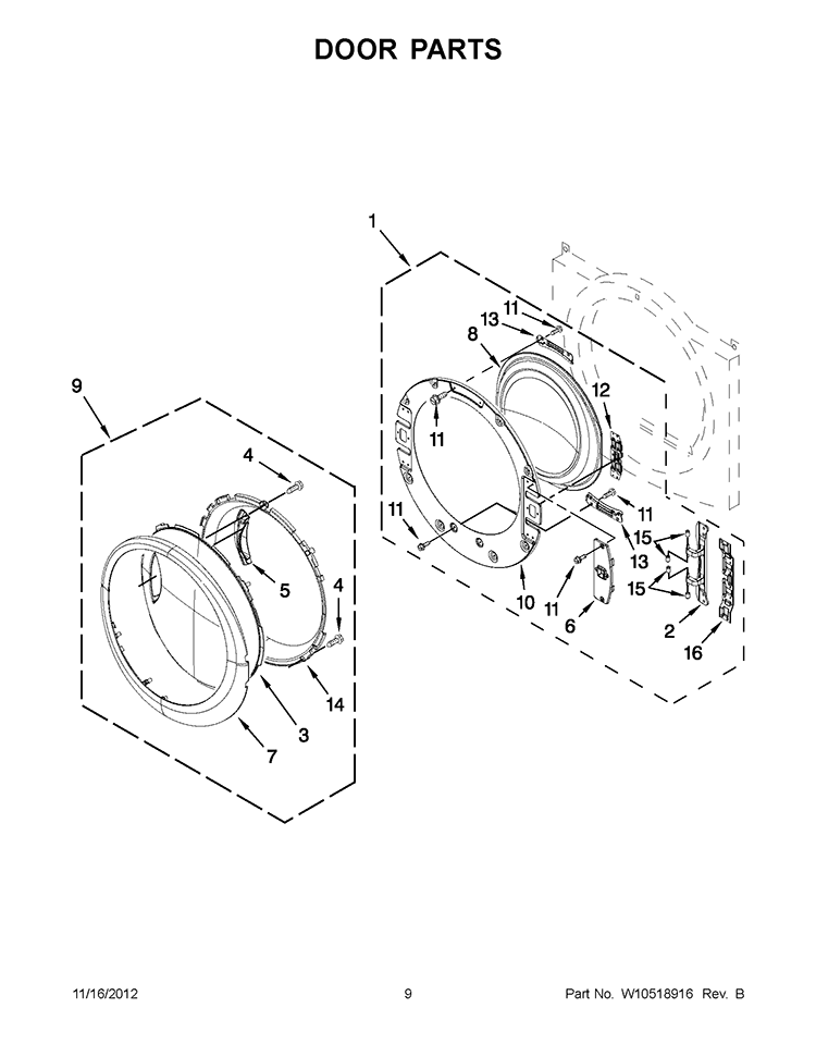 DOOR PARTS Diagram and Parts List for WGD88HEAC0  Whirlpool Dryer