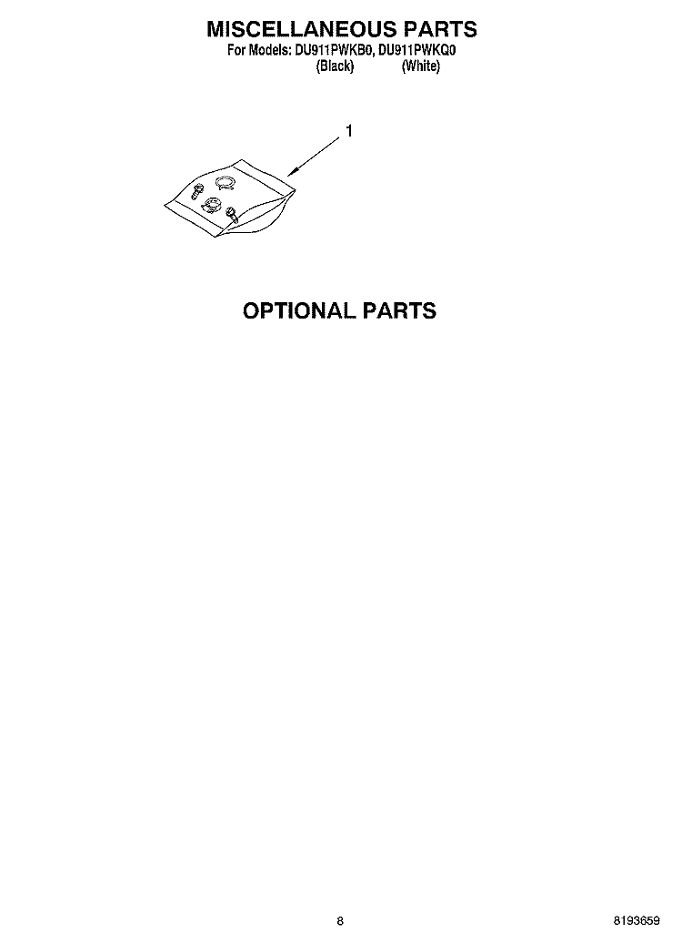MISCELLANEOUS, OPTIONAL Diagram and Parts List for DU911PWKB0  Whirlpool Dishwasher