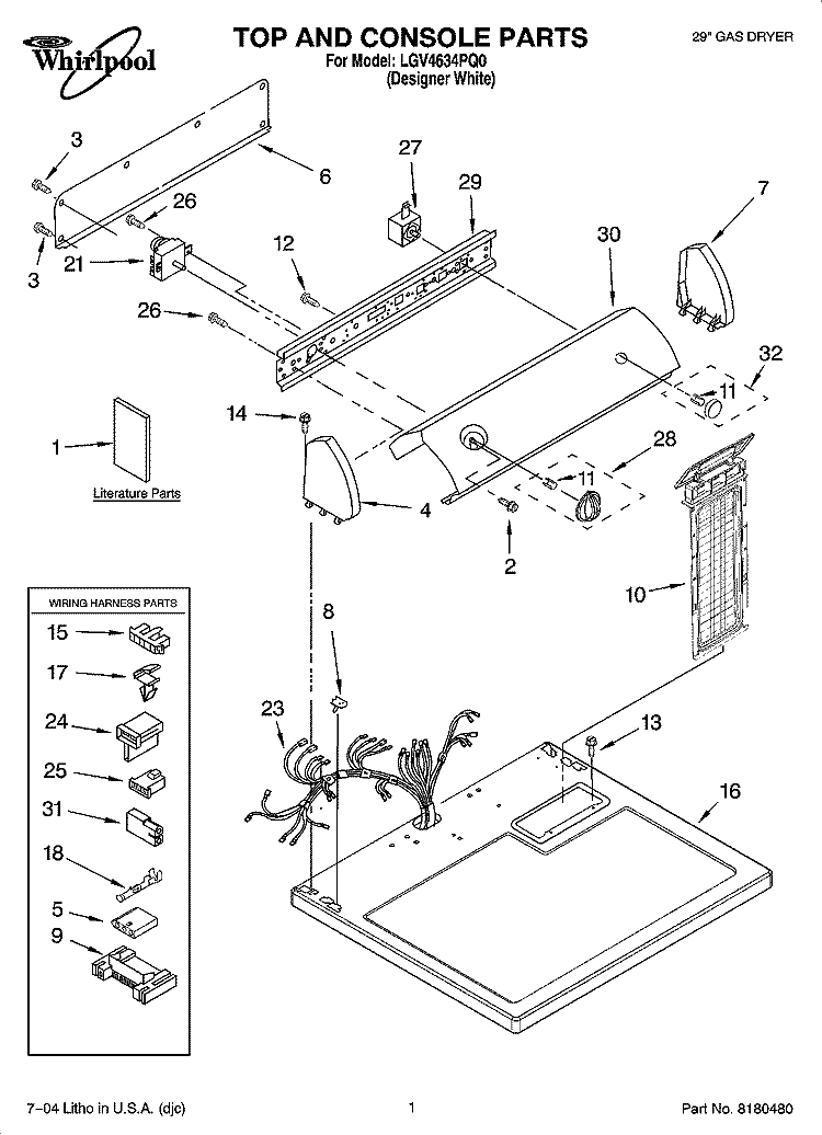 TOP AND CONSOLE PARTS Diagram and Parts List for LGV4634PQ0  Whirlpool Dryer