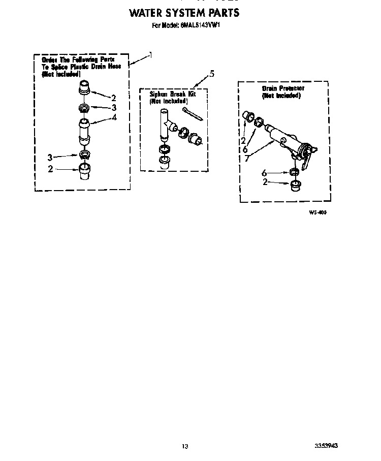 Water System Diagram and Parts List for 6MAL5143VW1  Whirlpool Washer