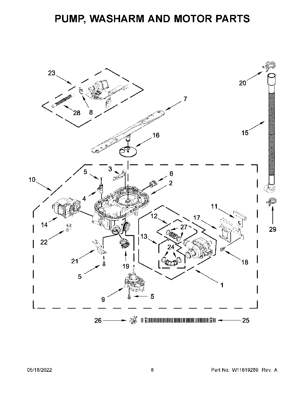 Pump, Washarm And Motor Parts Diagram and Parts List for KDTE104KPS1  KitchenAid Dishwasher