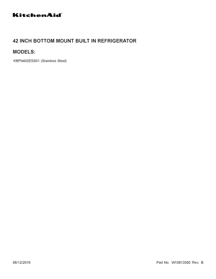 Cover Sheet Diagram and Parts List for KBFN402ESS01  KitchenAid Refrigerator