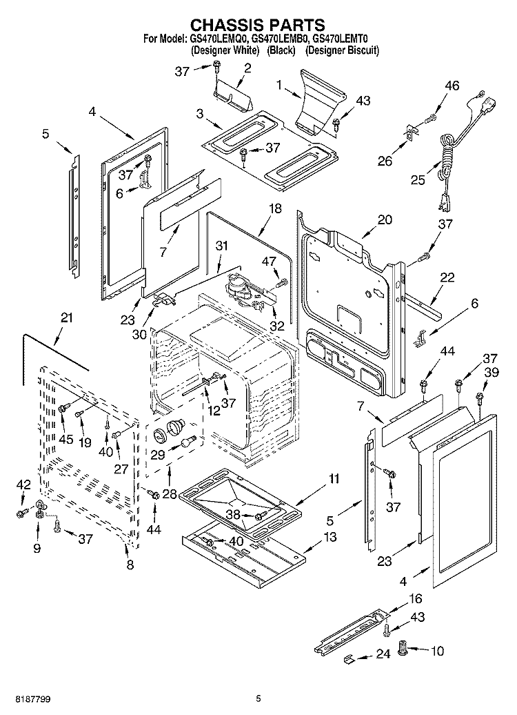 CHASSIS PARTS Diagram and Parts List for GS470LEMQ0  Whirlpool Range
