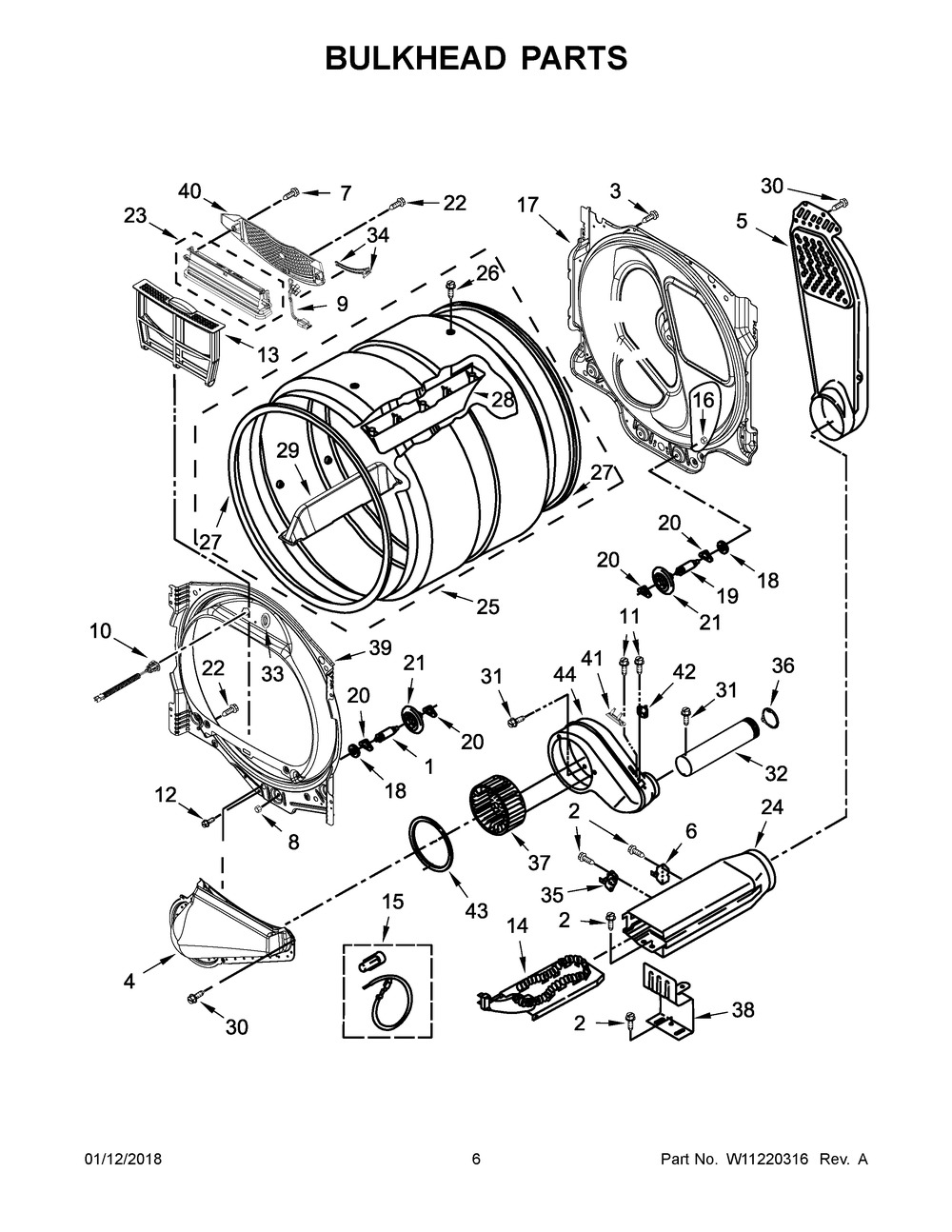 Bulkhead Parts Diagram and Parts List for YWED8000DW4  Whirlpool Dryer