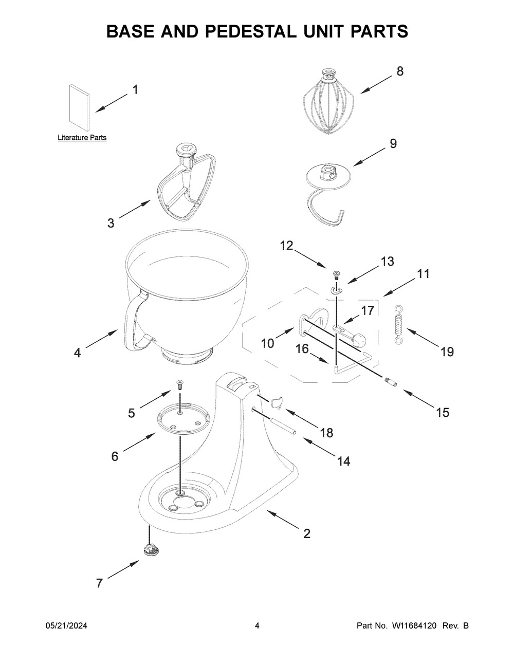 Base And Pedestal Unit Parts Diagram and Parts List for 5KSM125EIB5  KitchenAid Mixer